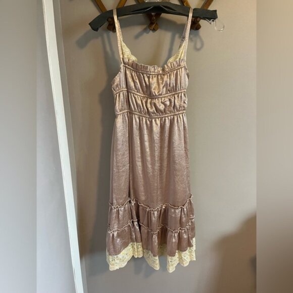 Ad Libitum bohemian dress midi milkmaid slip dress metallic champagne sheen XS - Picture 1 of 5